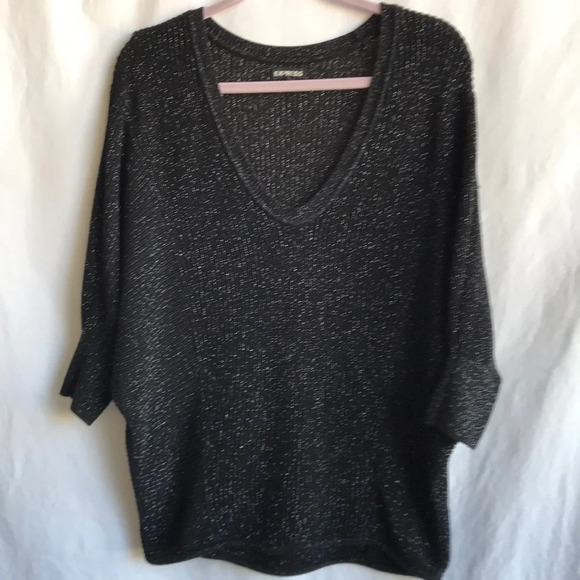 Express black deep, rounded V neck sweater with silver metallic thread, size M - Picture 1 of 8